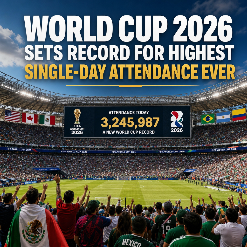 Crowd of enthusiastic fans at the 2026 World Cup celebrating a record single-day attendance of over 3.2 million.