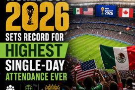 Crowd-filled stadium celebrating the record highest attendance at the 2026 World Cup across three host nations.