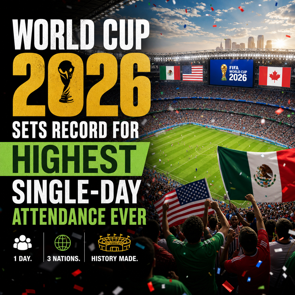 Crowd-filled stadium celebrating the record highest attendance at the 2026 World Cup across three host nations.