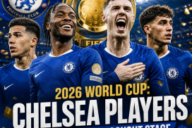 Chelsea players celebrating their 2026 World Cup knockout stage advancement with FIFA Club World Cup trophy in background.
