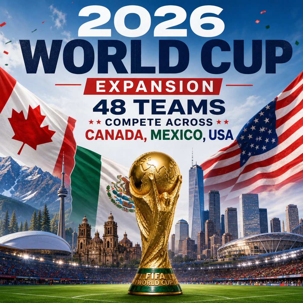 Map showing the 2026 FIFA World Cup with 48 teams playing across Canada, Mexico, and the USA.