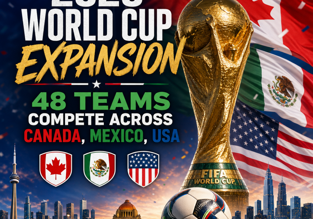 Map showing 2026 FIFA World Cup with 48 teams competing across host cities in Canada, Mexico, and the USA.