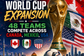 Map showing 2026 FIFA World Cup with 48 teams competing across host cities in Canada, Mexico, and the USA.