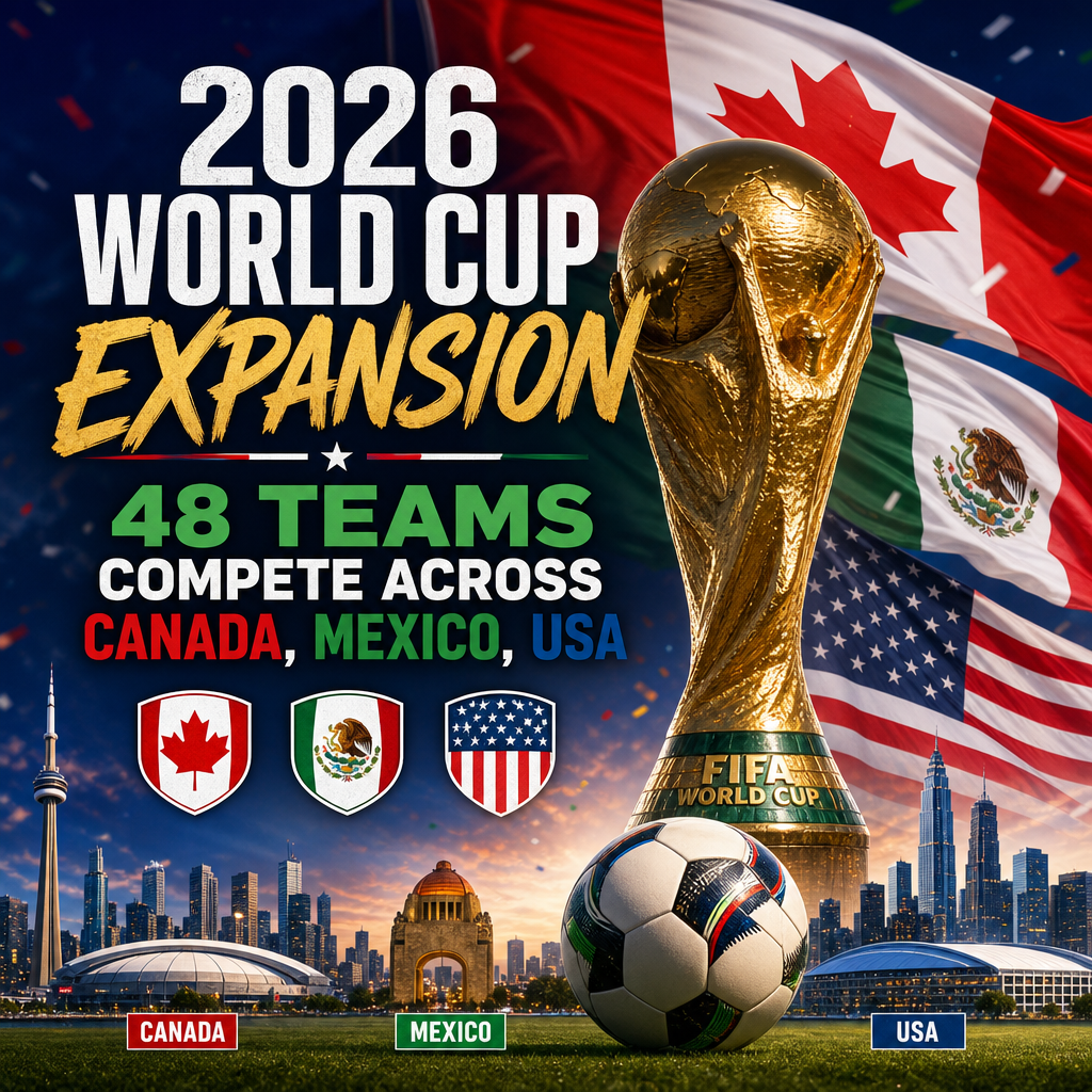 Map showing 2026 FIFA World Cup with 48 teams competing across host cities in Canada, Mexico, and the USA.