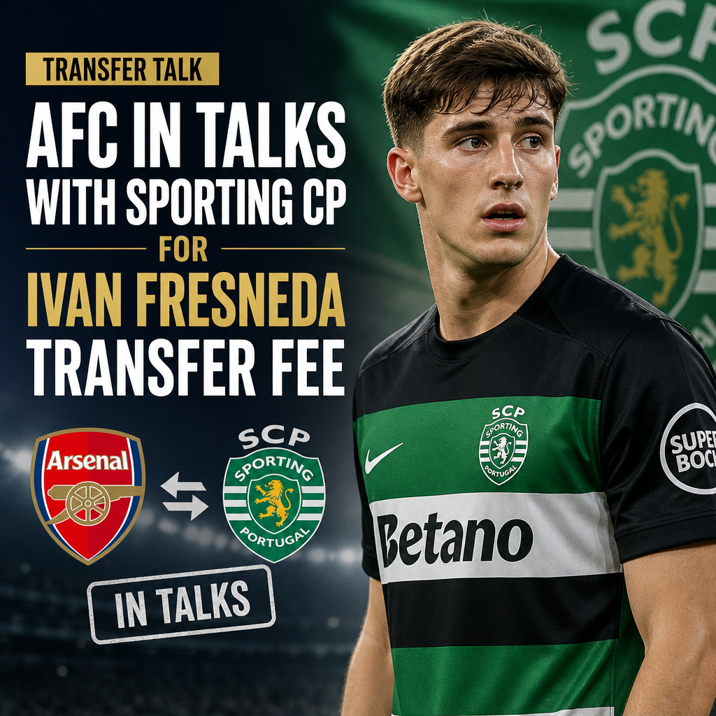 AFC Arsenal and Sporting CP representatives discuss Ivan Fresneda's transfer fee in a professional meeting room.
