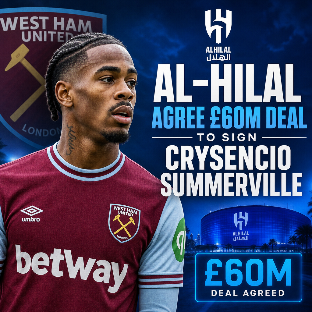 West Ham's Crysencio Summerville in action, with Al-Hilal logo and £60 million deal text in background.