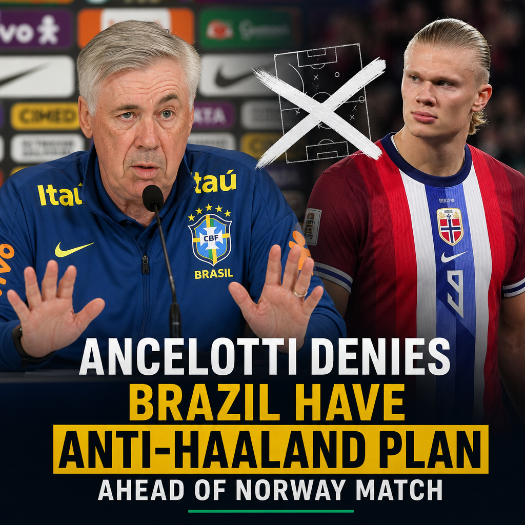 Carlo Ancelotti speaking at a press conference, denying Brazil has a strategy against Haaland.