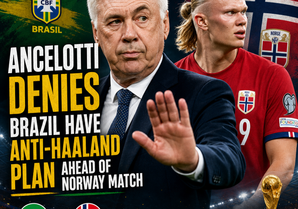 Carlo Ancelotti speaking to the media, denying Brazil has a specific plan against Haaland before Brazil vs Norway.