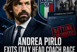 Andrea Pirlo walking away wearing a suit, leaving Italy head coach race amid controversy.
