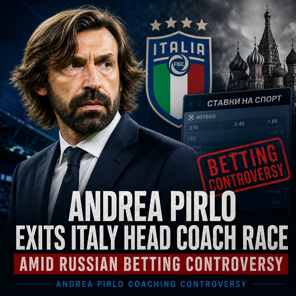 Andrea Pirlo walking away wearing a suit, leaving Italy head coach race amid controversy.