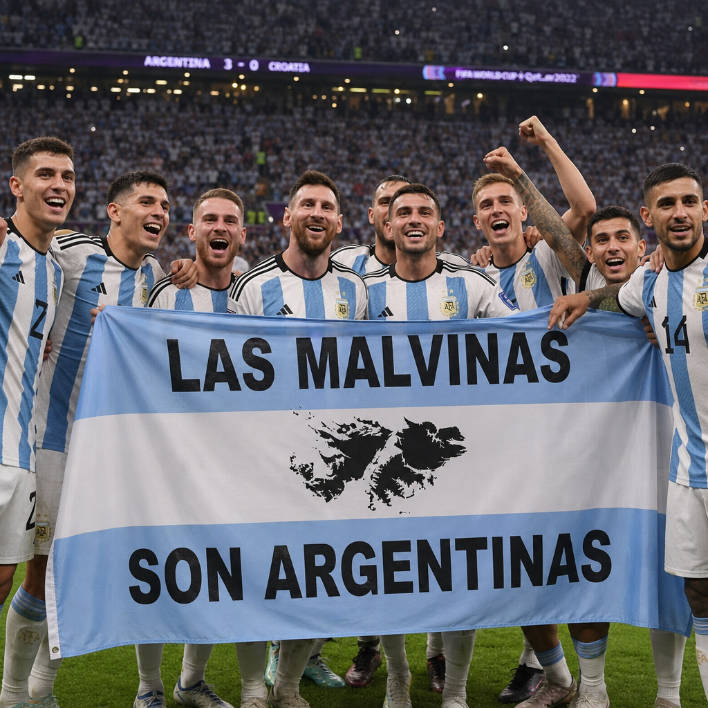 Argentinian soccer players celebrate, holding a banner reading "Las Malvinas Son Argentinas" after a soccer match.