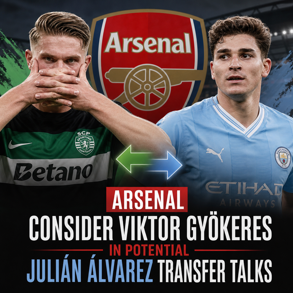 Viktor Gyökeres and Julián Álvarez in Arsenal jerseys with transfer rumors background.