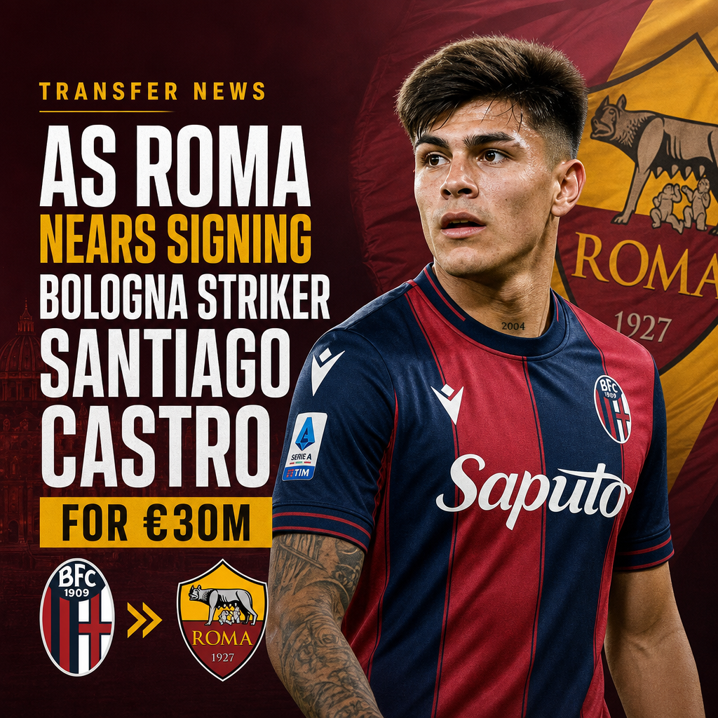 Profile photos of Santiago Castro and AS Roma logo side by side, symbolizing a potential €30M football transfer.