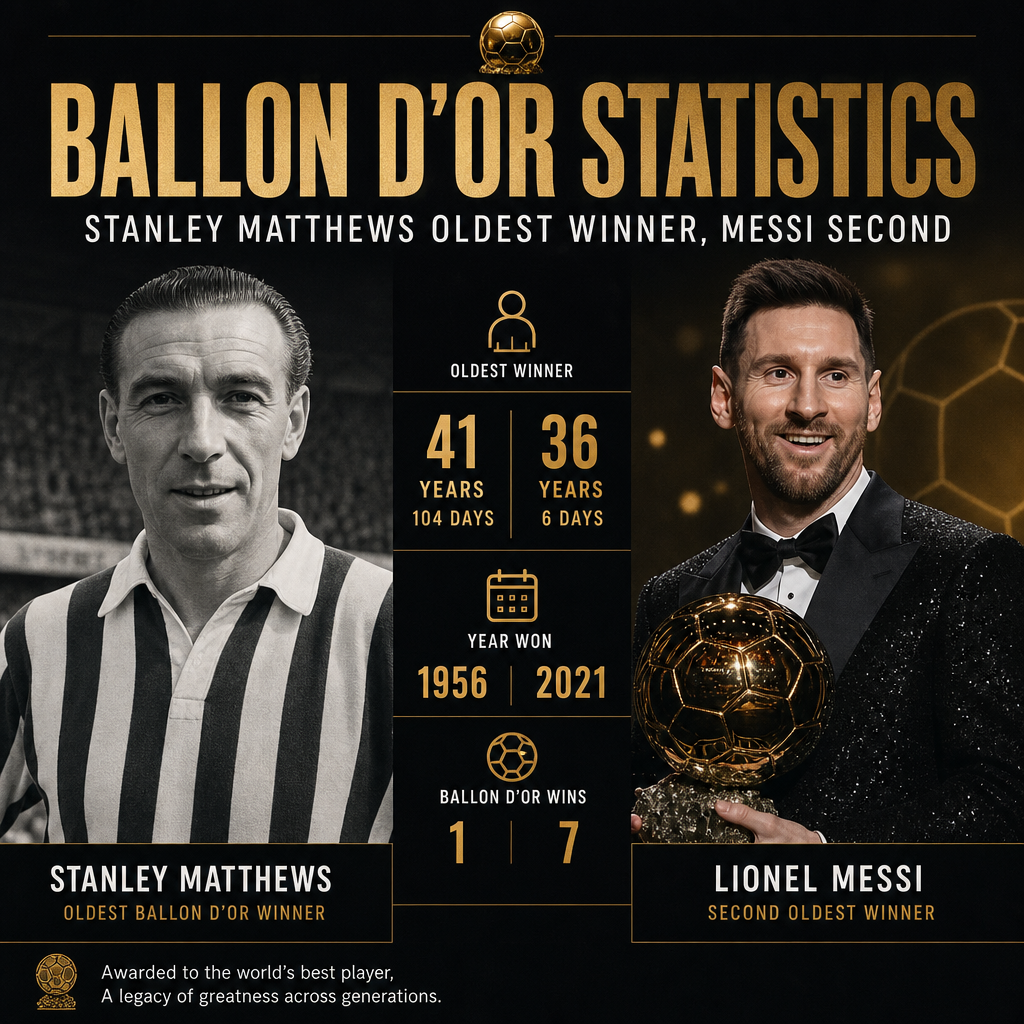 Chart comparing Ballon d'Or winners, highlighting Stanley Matthews as oldest and Lionel Messi as second oldest recipient.
