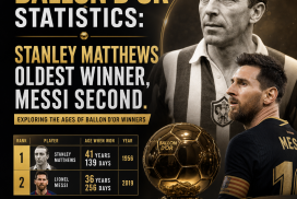 Chart showing Stanley Matthews as the oldest Ballon d'Or winner and Lionel Messi as the second oldest recipient.