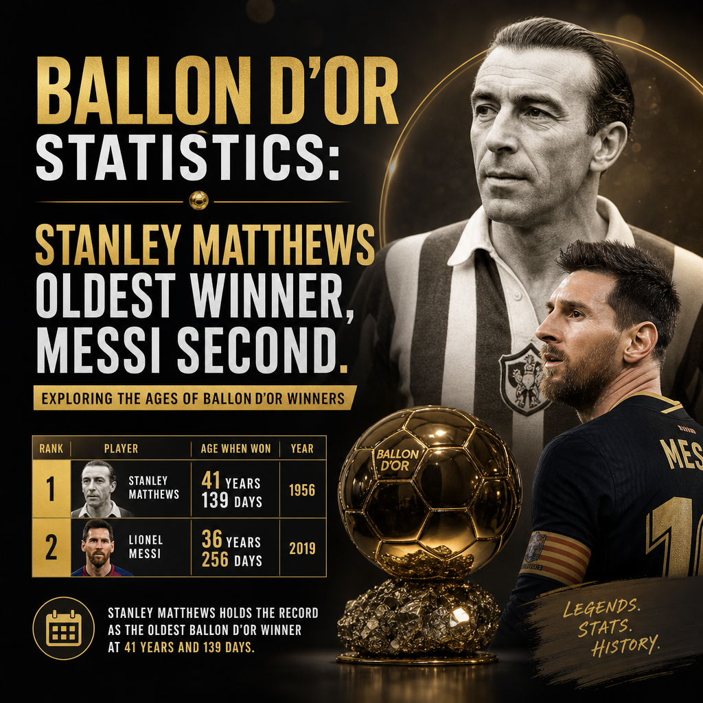 Chart showing Stanley Matthews as the oldest Ballon d'Or winner and Lionel Messi as the second oldest recipient.