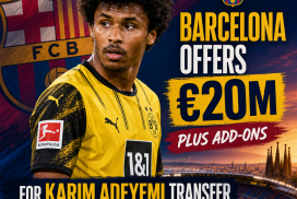 Barcelona official offering €20 million plus add-ons to Borussia Dortmund for Karim Adeyemi transfer.