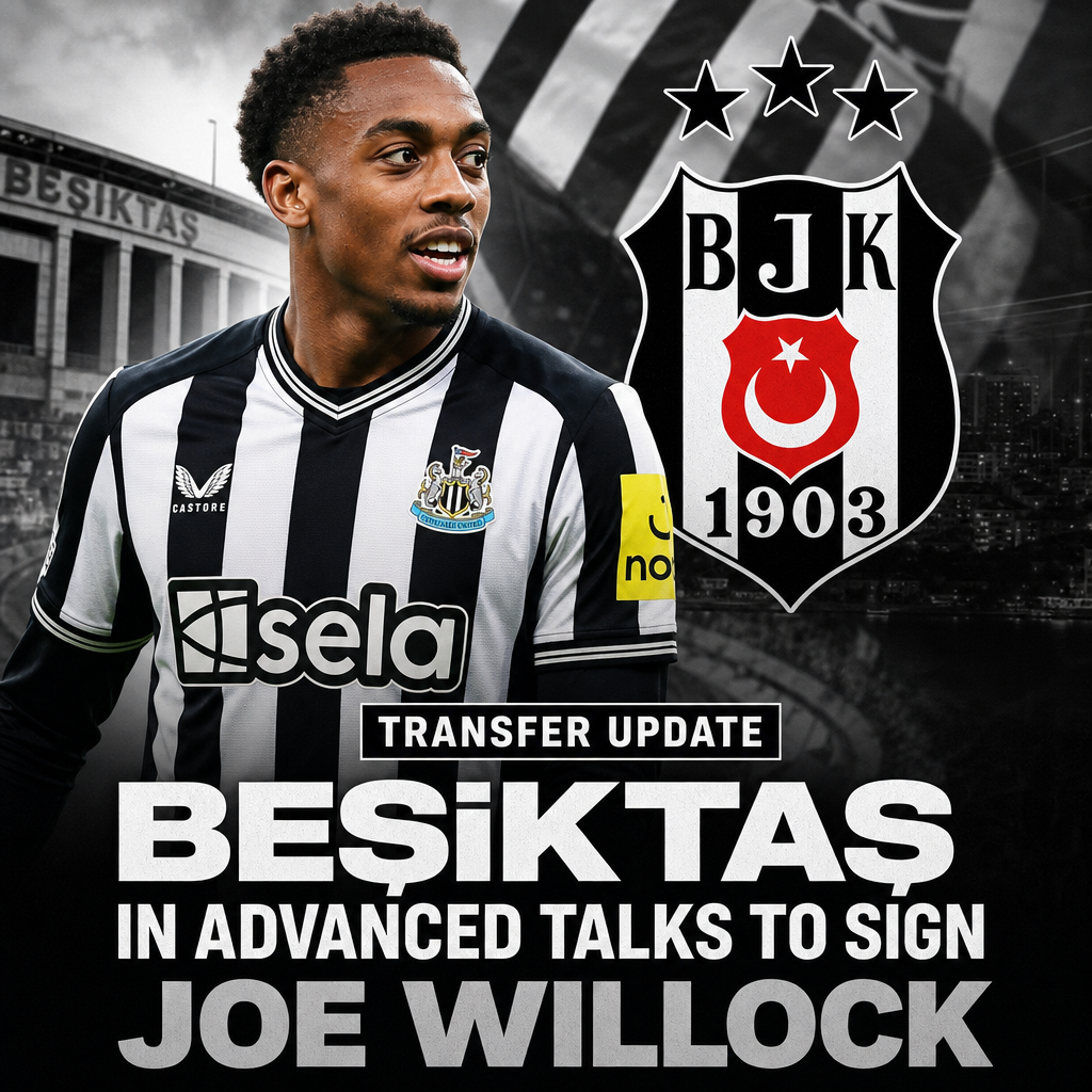 Joe Willock in a football kit, looking focused, with a blurred stadium background.
