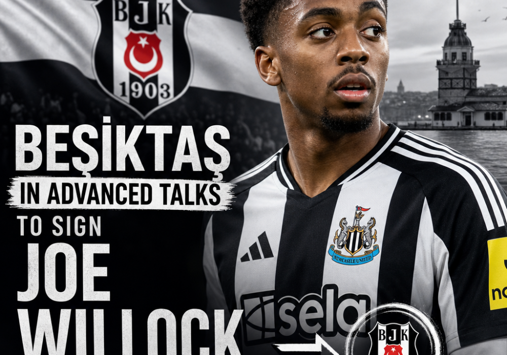 Joe Willock in a Newcastle jersey, with Beşiktaş and Newcastle logos in the background, signaling transfer talks.