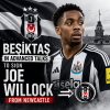 Joe Willock in a Newcastle jersey, with Beşiktaş and Newcastle logos in the background, signaling transfer talks.