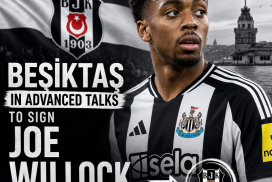 Joe Willock in a Newcastle jersey, with Beşiktaş and Newcastle logos in the background, signaling transfer talks.
