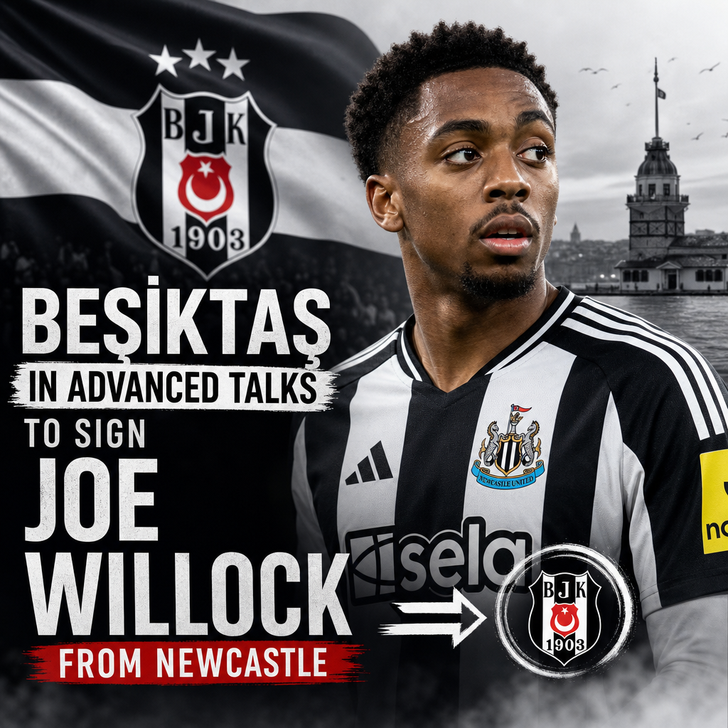 Joe Willock in a Newcastle jersey, with Beşiktaş and Newcastle logos in the background, signaling transfer talks.
