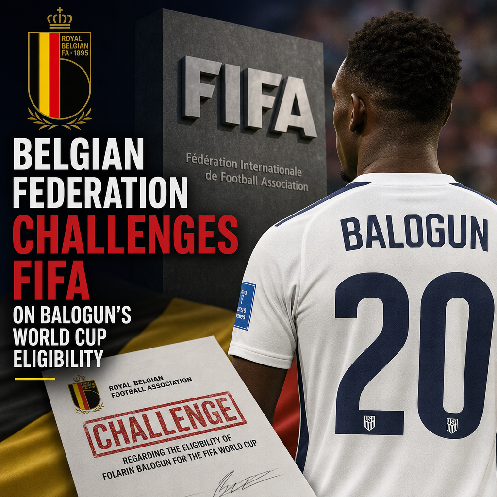 Belgian Football Federation officials holding a press conference about Folarin Balogun's World Cup eligibility dispute.