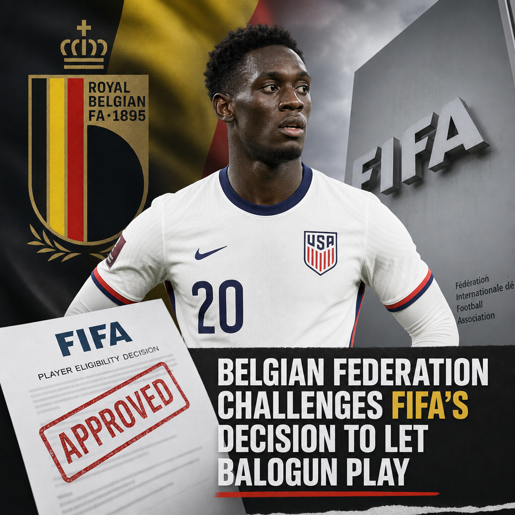 Belgian Football Federation officials protest FIFA's decision letting Balogun represent USA in international soccer.