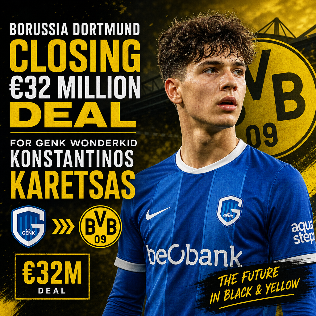 Borussia Dortmund officials shaking hands with Genk representatives during the €32 million deal for Konstantinos Karetsas.