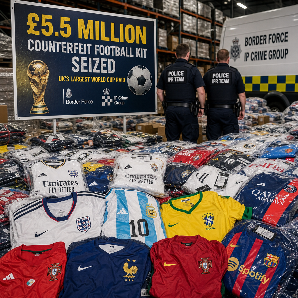 A table displays thousands of counterfeit football kits seized by UK Border Force in a World Cup raid.