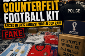Police officers display seized counterfeit football kits worth £5.5 million during a major World Cup raid in the UK.