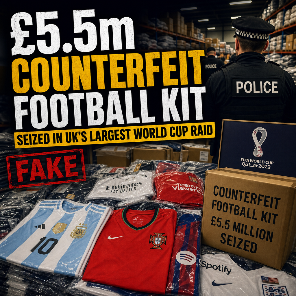 Police officers display seized counterfeit football kits worth £5.5 million during a major World Cup raid in the UK.