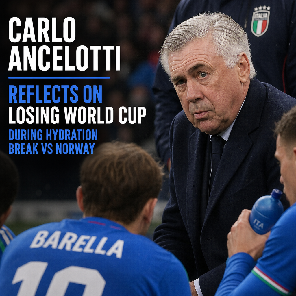 Carlo Ancelotti thoughtfully sits during a hydration break in a soccer match against Norway.