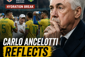 Carlo Ancelotti looks thoughtful during a World Cup qualifiers hydration break after Brazil's 1-0 loss to Norway.