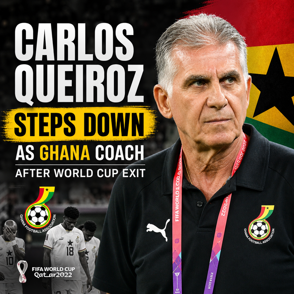 Carlos Queiroz walking off the football field, signaling his resignation as Ghana's coach after World Cup exit.