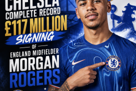Chelsea football player Morgan Rogers posing in a club jersey, celebrating his £117 million record signing.