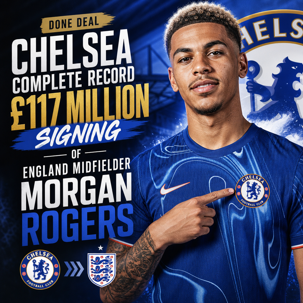 Chelsea football player Morgan Rogers posing in a club jersey, celebrating his £117 million record signing.