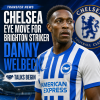 Chelsea's logo and Danny Welbeck in a Brighton uniform, representing transfer talks for the striker.