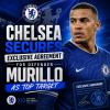 Chelsea defender Murillo in blue kit celebrating with teammates on the football pitch.