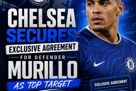 Chelsea defender Murillo in blue kit celebrating with teammates on the football pitch.