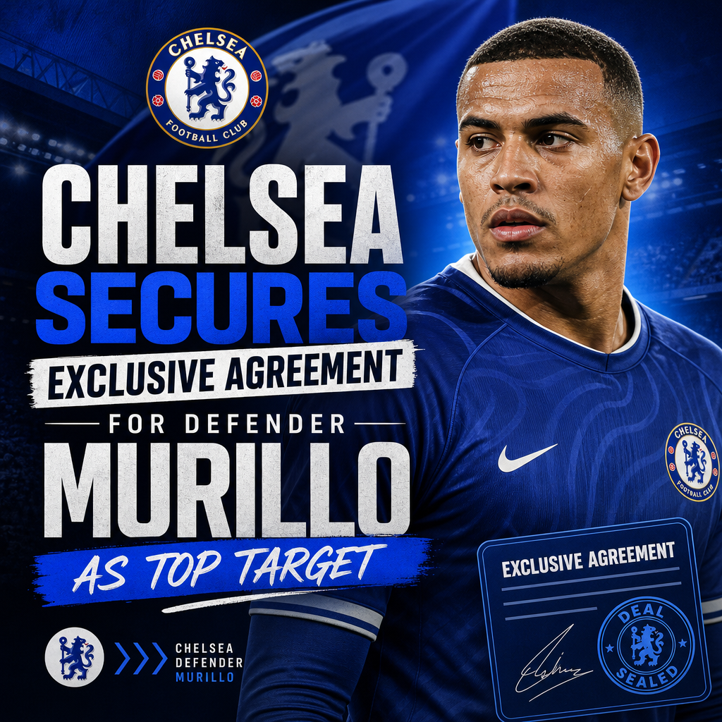Chelsea defender Murillo in blue kit celebrating with teammates on the football pitch.