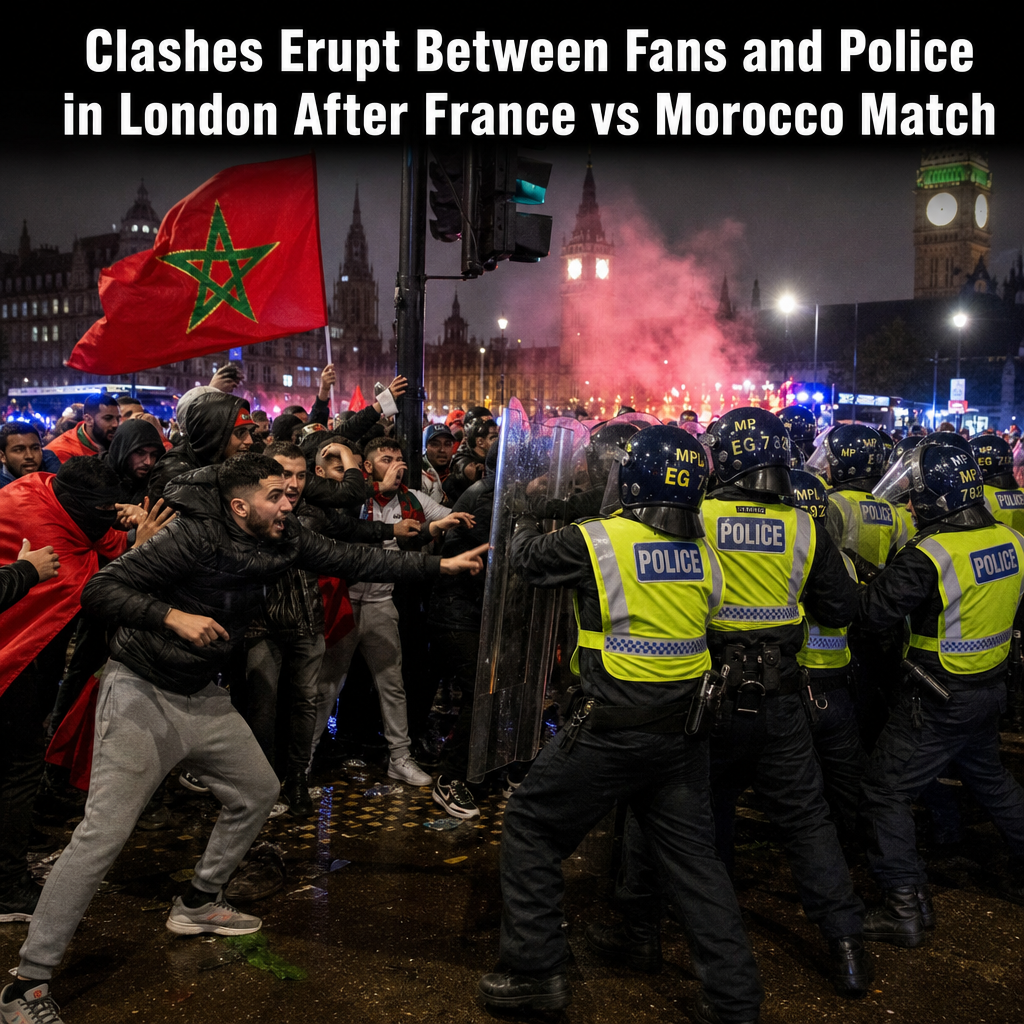Police and fans clash with smoke and raised batons during unrest in London after France vs Morocco football match.