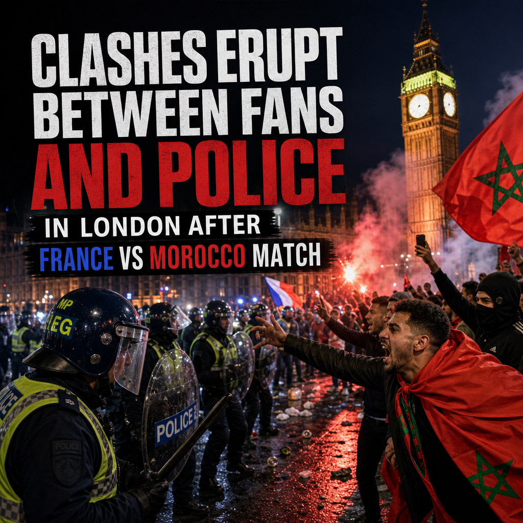 Police in riot gear confront football fans near Big Ben in London during post-match clashes after France vs Morocco game.