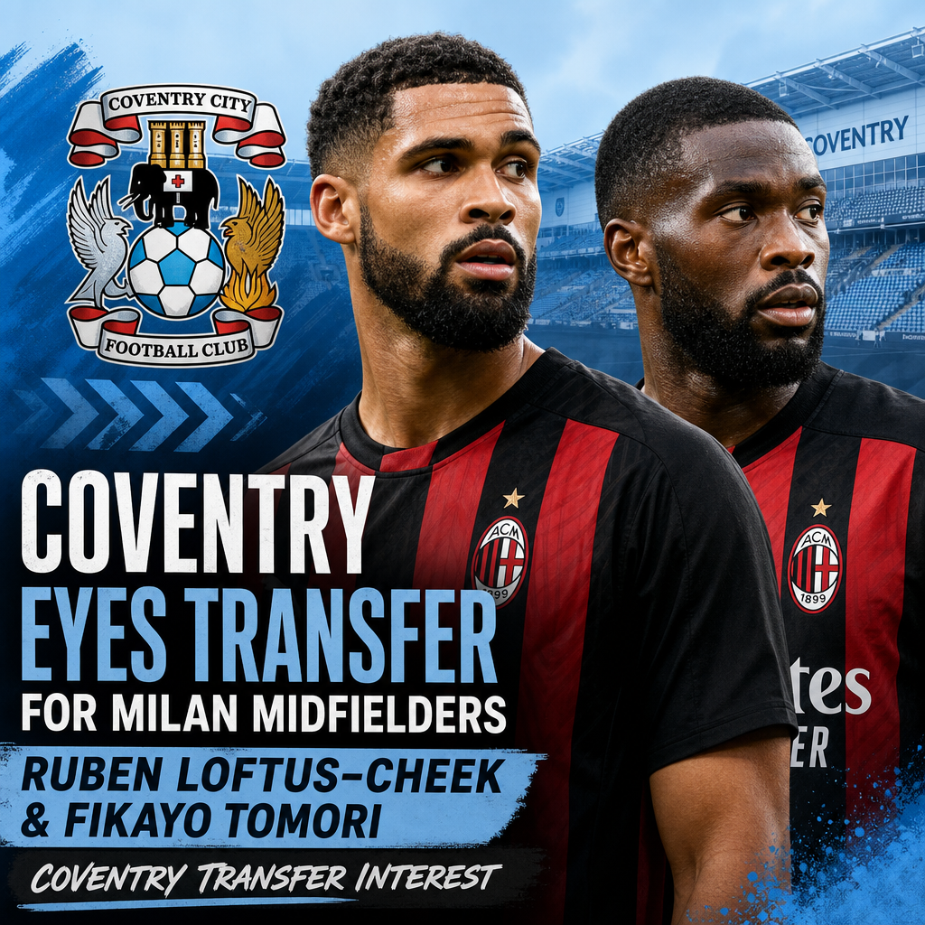 Coventry City logo with images of Ruben Loftus-Cheek and Fikayo Tomori, highlighting a transfer interest.