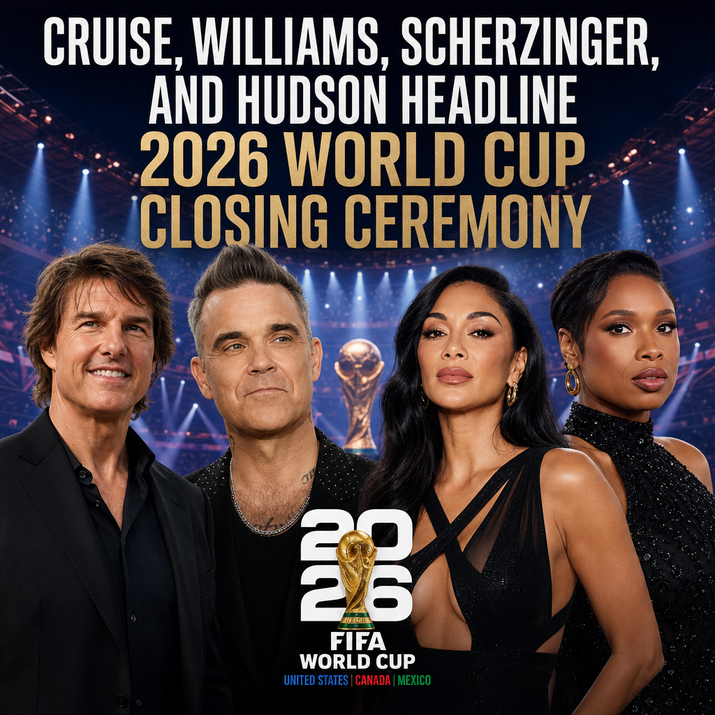 Tom Cruise, Robbie Williams, Nicole Scherzinger, and Jennifer Hudson performing at the 2026 FIFA World Cup closing ceremony.