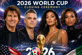 Promotional poster for the 2026 FIFA World Cup closing ceremony with Cruise, Williams, Scherzinger, and Hudson.