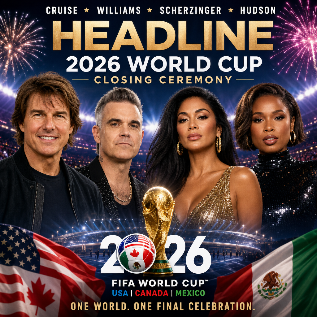 Promotional poster for the 2026 FIFA World Cup closing ceremony with Cruise, Williams, Scherzinger, and Hudson.