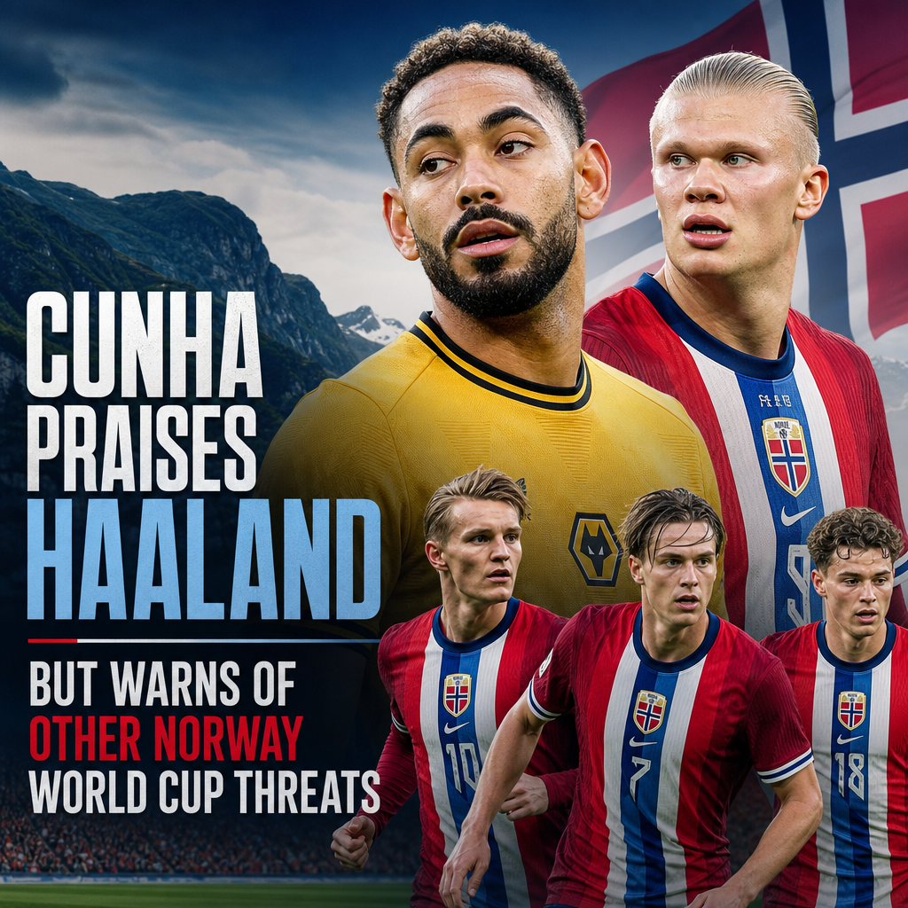 Football players with the Norwegian flag in the background, highlighting Norway's World Cup threats.