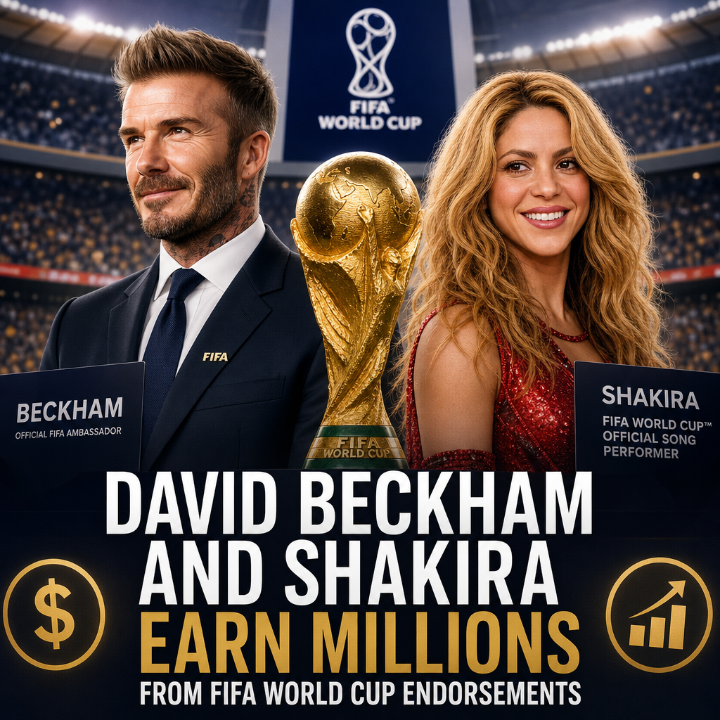 David Beckham and Shakira smiling together, highlighting their successful FIFA World Cup endorsement deals.