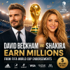 David Beckham and Shakira smiling together at a promotional event for the FIFA World Cup.